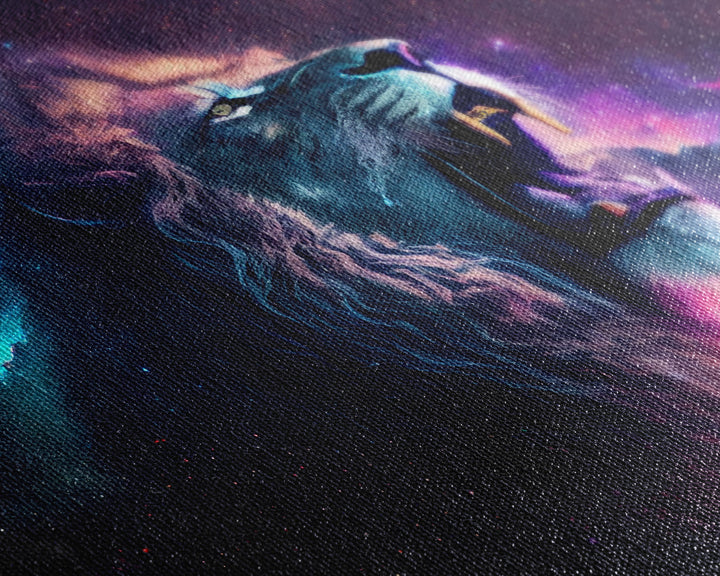 Cosmic Roar, lion roaring at the stars, synthwave galaxy and lion art, framed canvas print, unique framed wall art