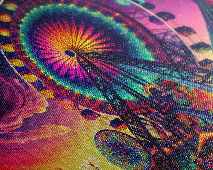 Synthwave ferris wheel watercolor art, framed canvas print, colorful vibrant wall decor, framed wall art