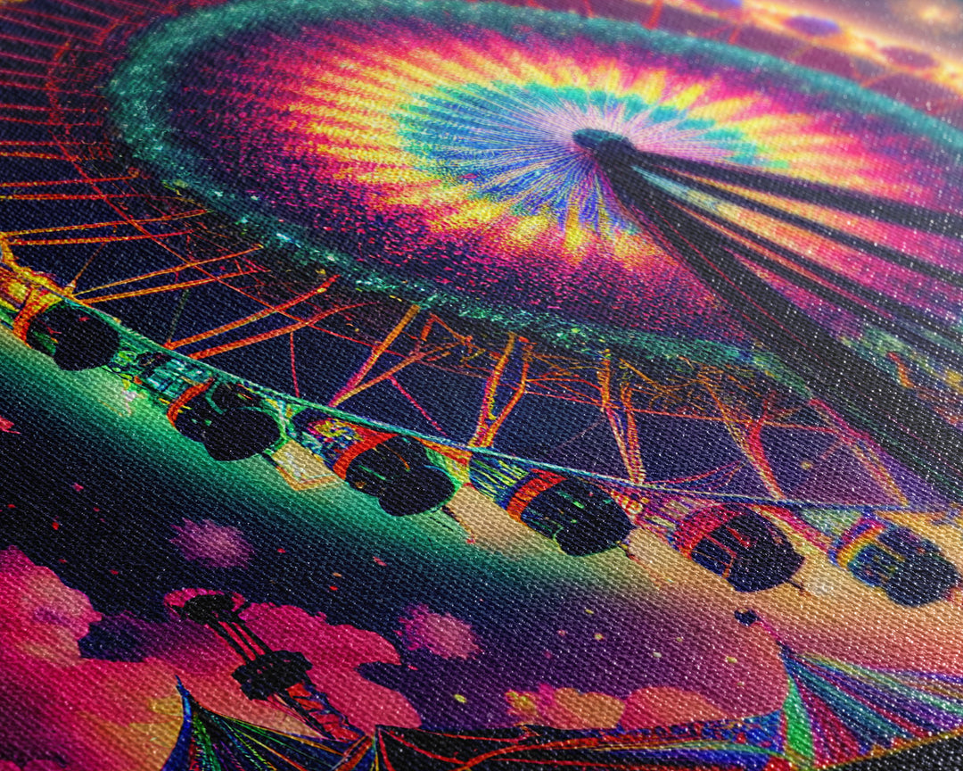 Colorful boardwalk art, neon lit night time ferris wheel, framed canvas print, framed wall art