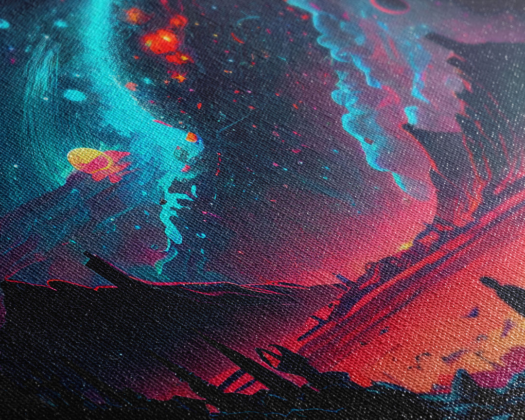 Strange new worlds among  the stars, scifi retrowave art, framed canvas print, unique wall art