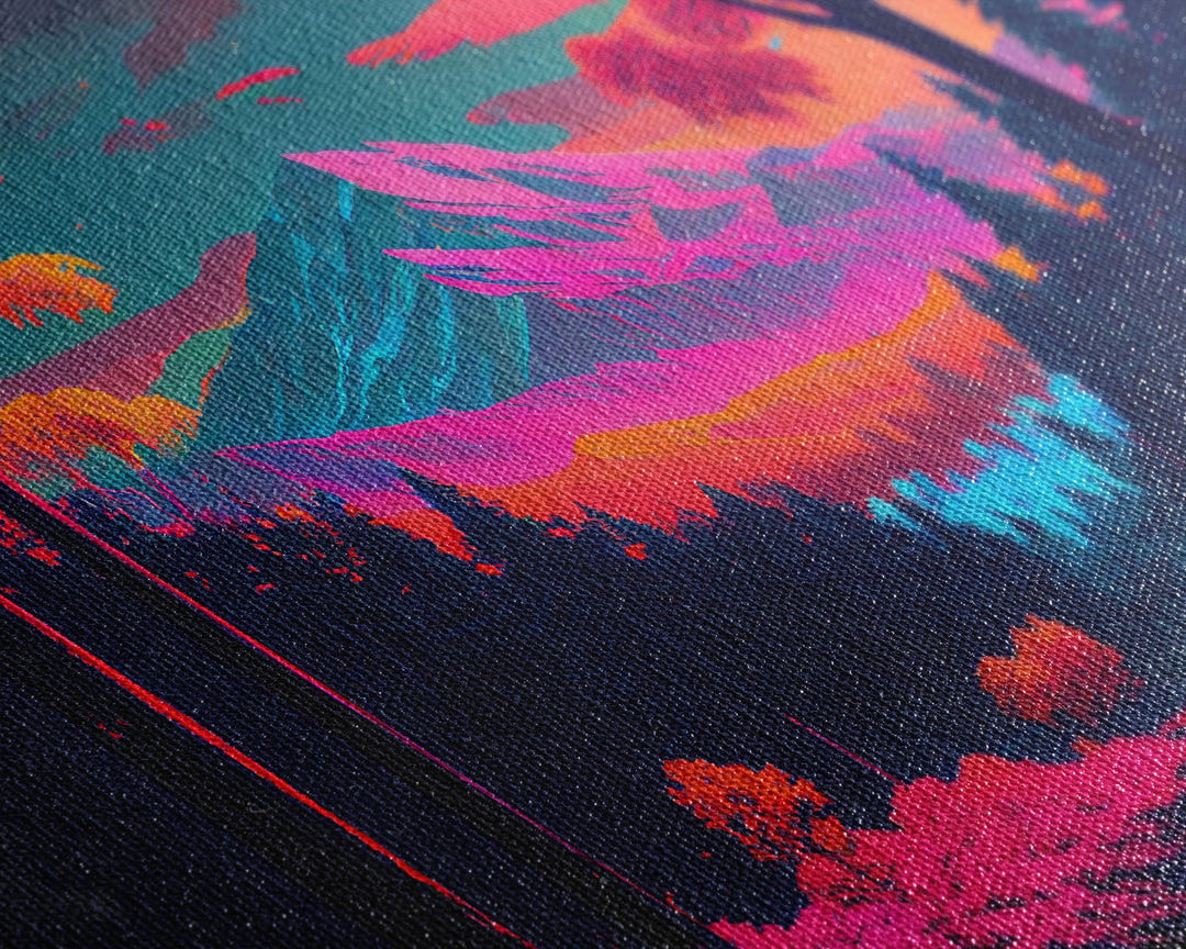 Synthwave style watercolor painting of a mountain and forest, framed canvas print, colorful wall art