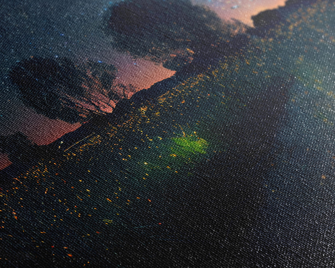 Fireflies light up the Oklahoma Prairie under a Starry night sky, framed canvas print