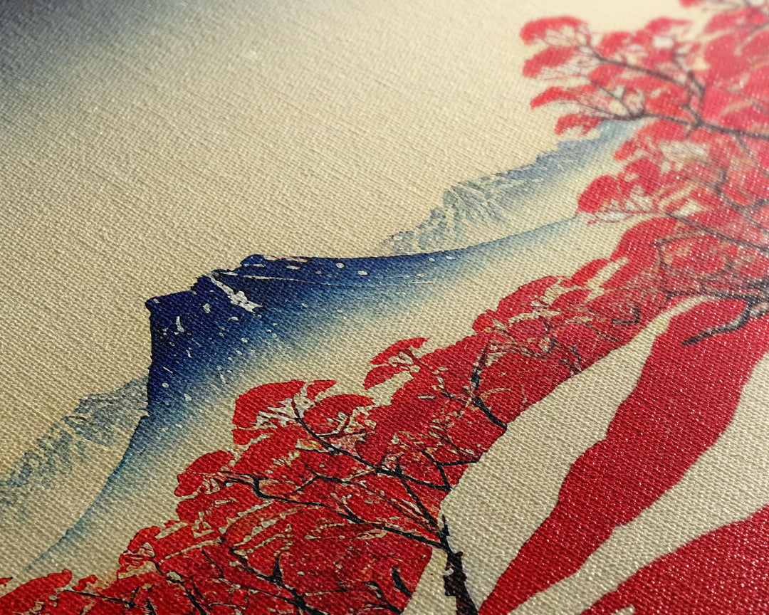 Mt. Fuji in the winter, Japanese style art, Japanese maple trees, framed canvas print, unique retro style art