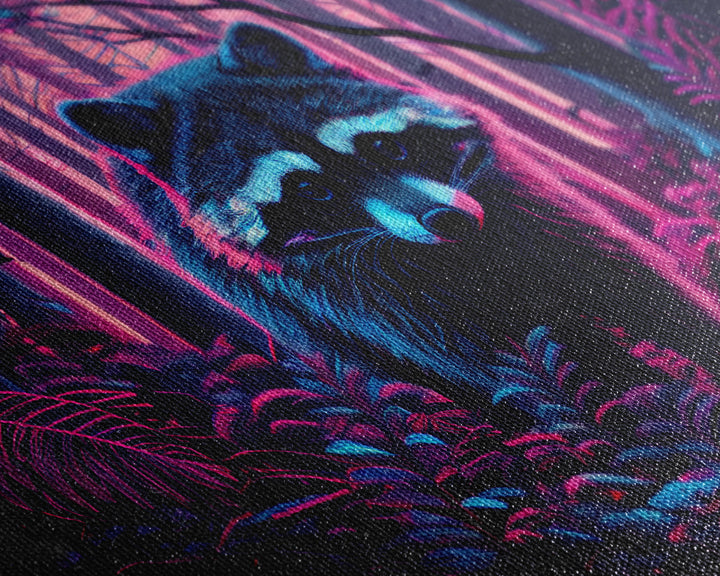 Cute racoon in the forest, vaporwave aesthetic animal art, framed canvas print, colorful animal art