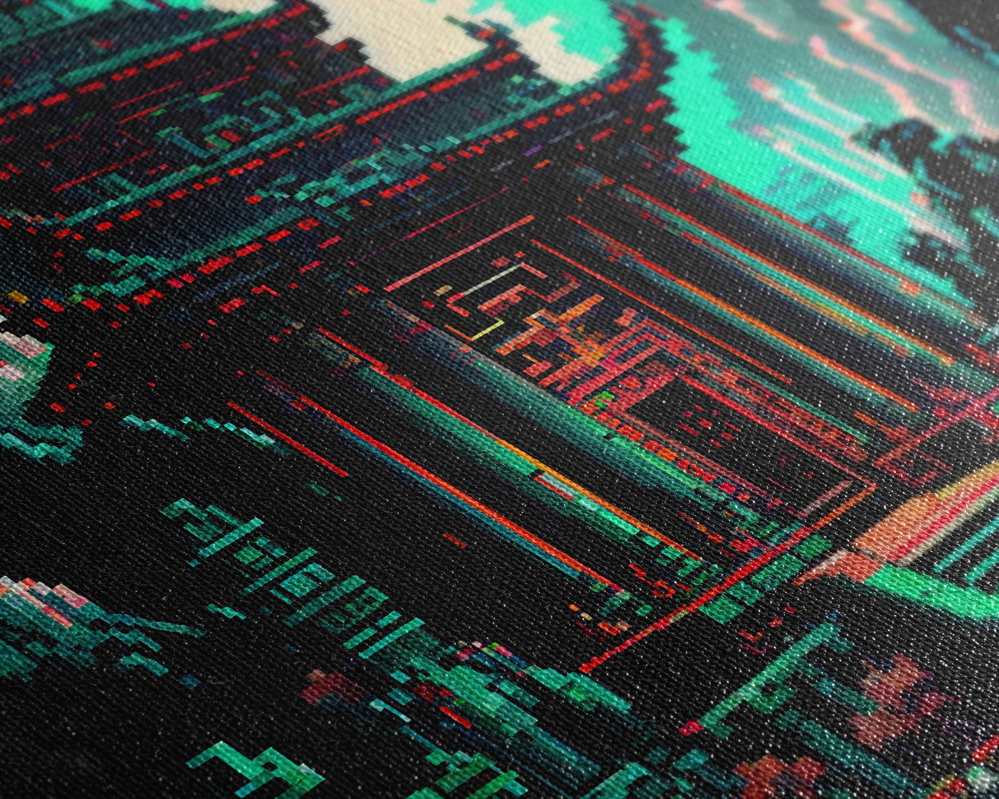 Japanese Pagoda pixel art, cyberpunk style pagoda, framed canvas print