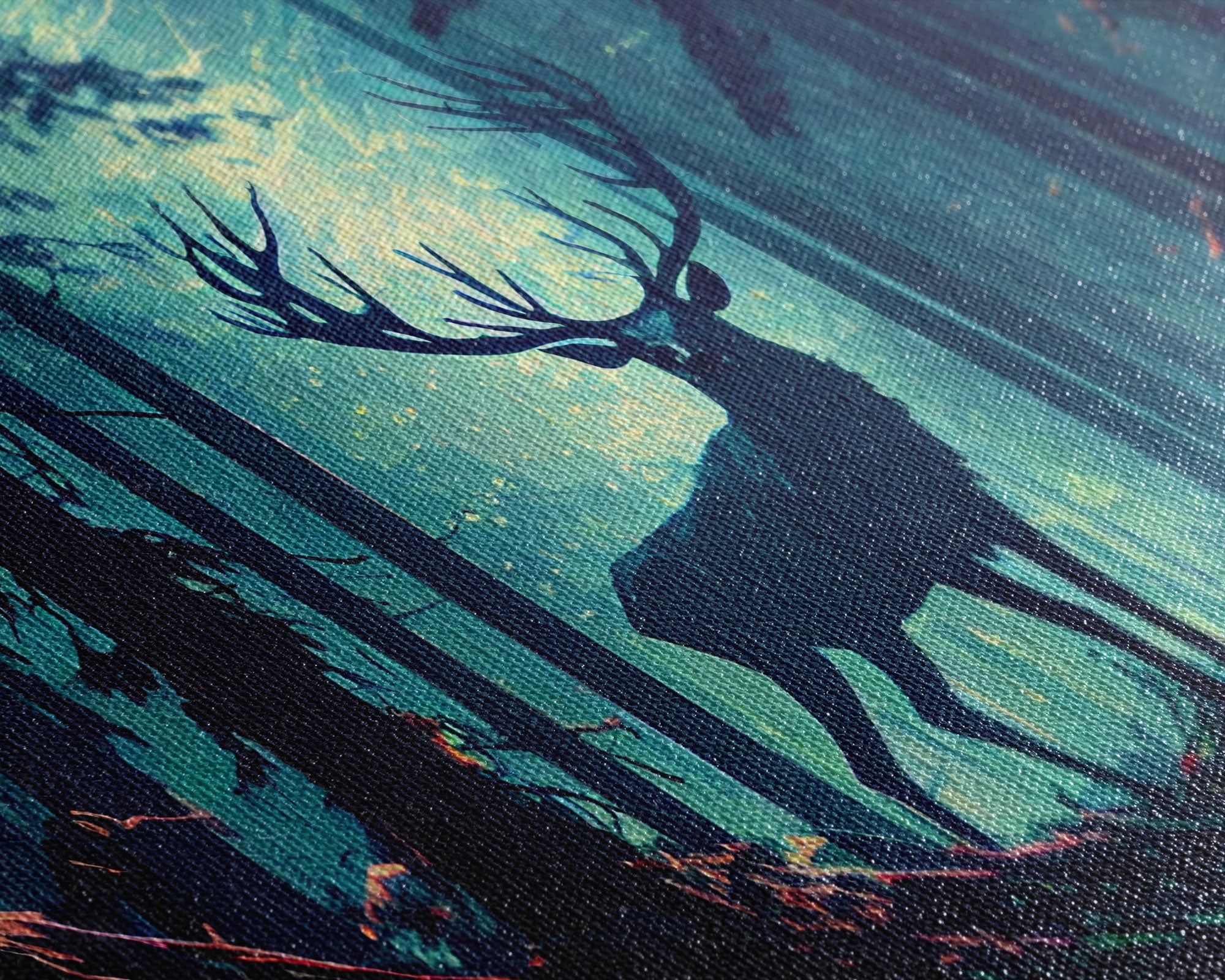 Mythical stag in the forest, fantasy art, framed canvas print, mythical creatures