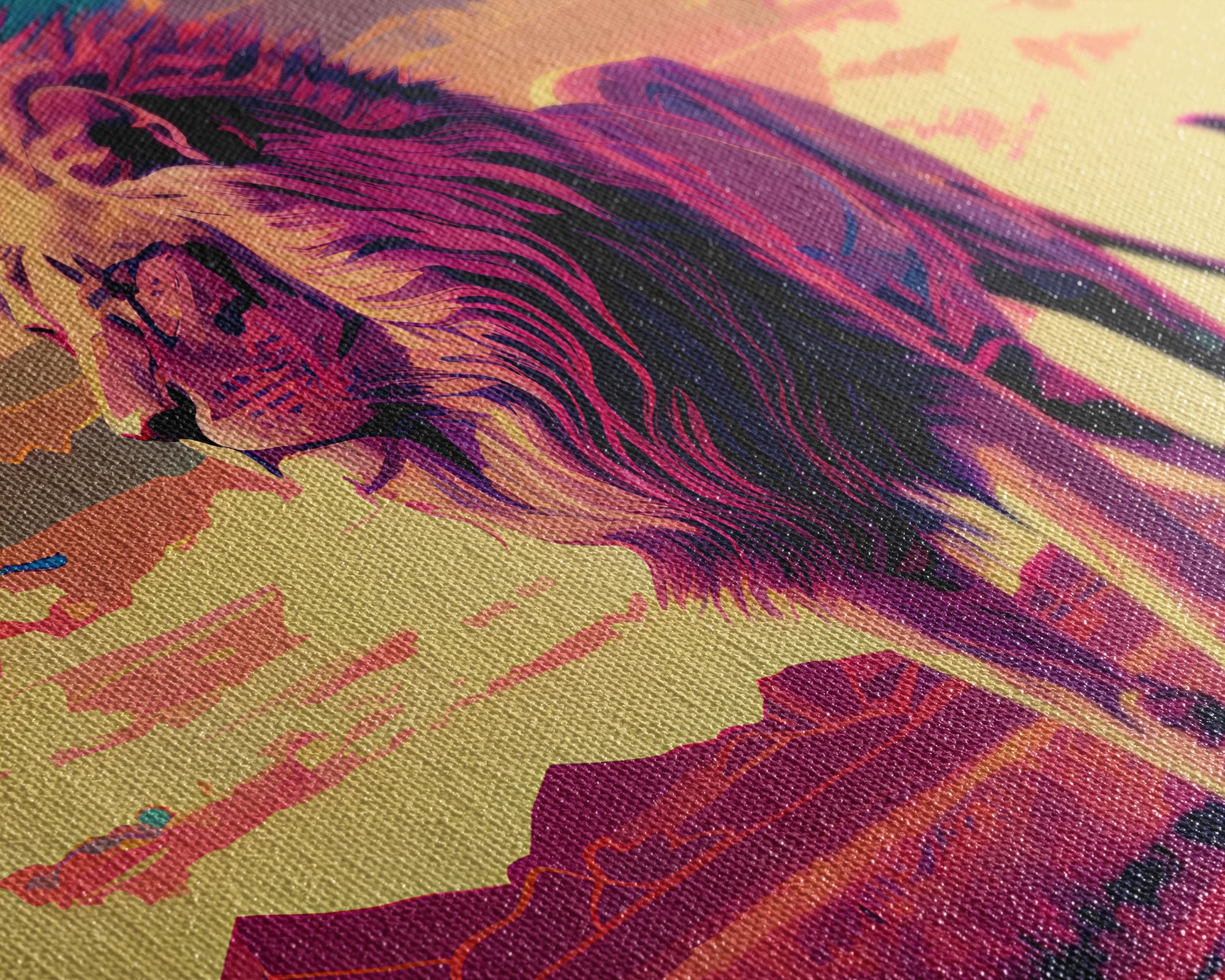 Retrowave watercolor painting of an African Lion, framed canvas print, unique large format wall art