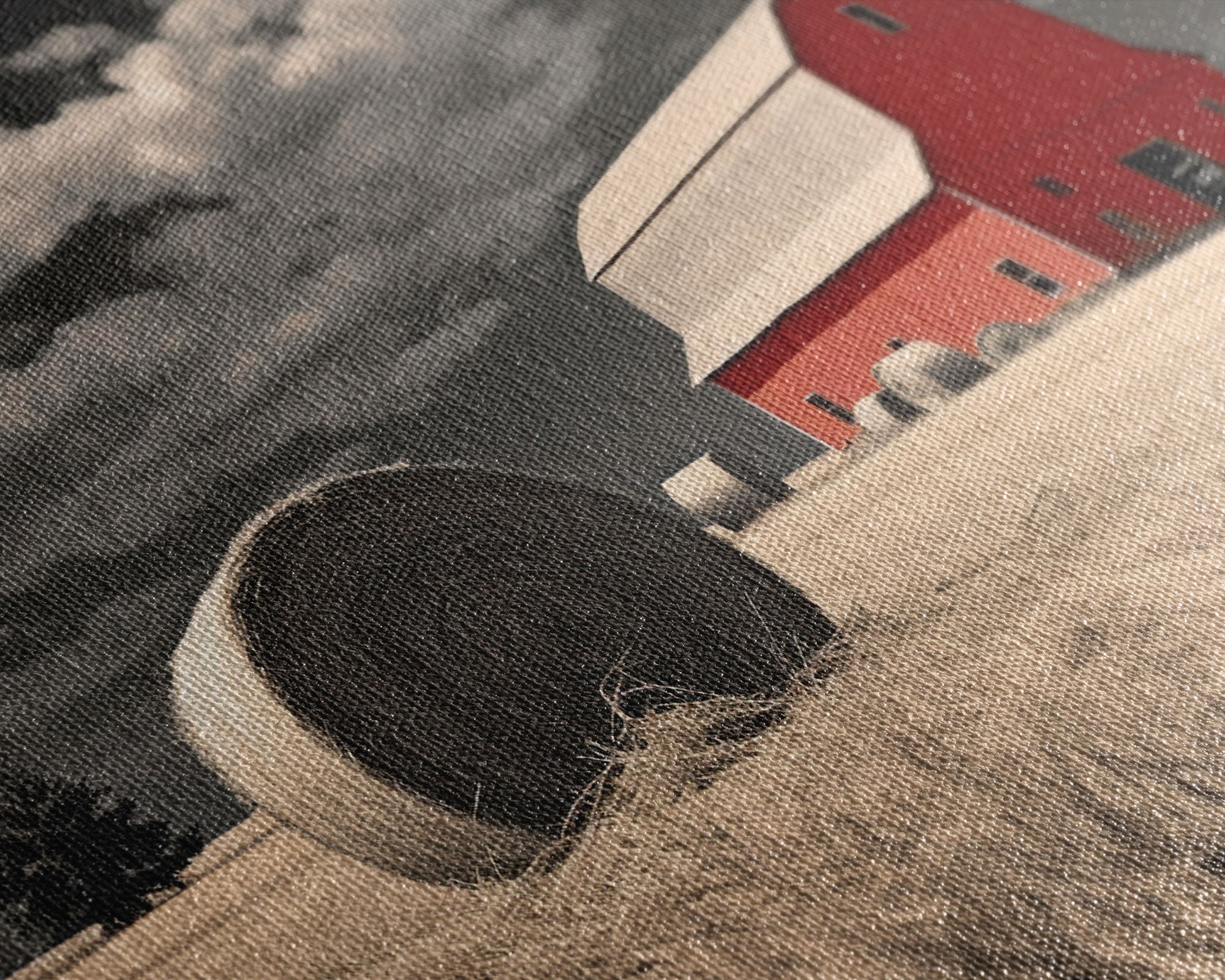 Wide Open Spaces, Red Barn Under A Storm Canvas Print, Rustic / Minimalist Cottagecore Wall Art, Framed Canvas Print, Hay Bale Art, Liminal