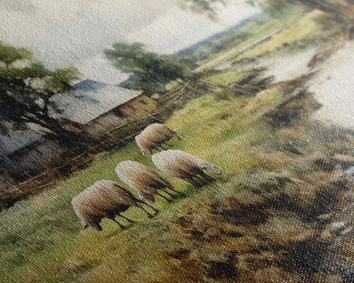 Sheep Grazing By The River, Vintage Art Canvas Print, Vintage Home Decor, Large Canvas Wall Art, Vintage Farmhouse Decor, Vintage Landscape