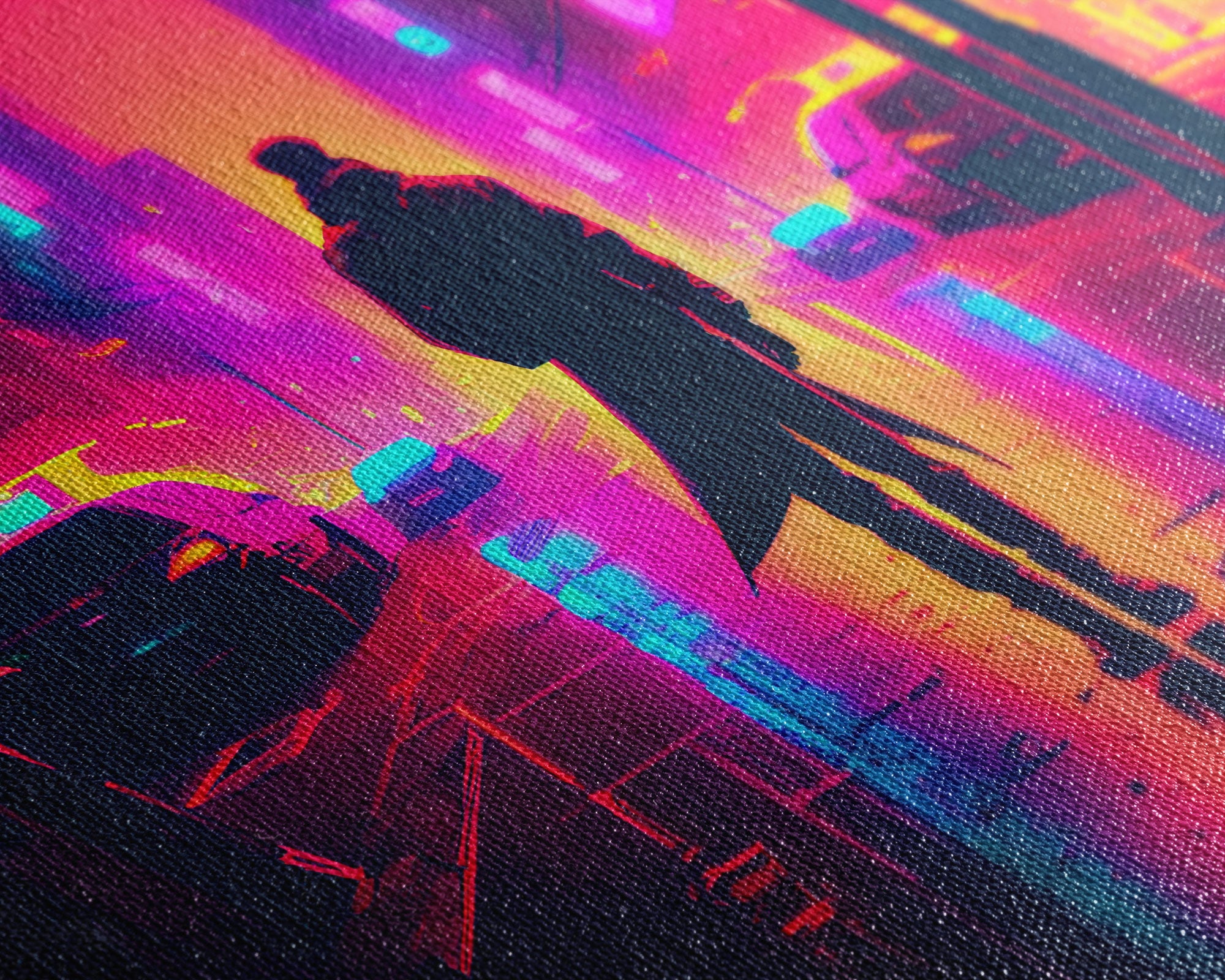 Cyberpunk bounty hunter art, vaporwave synthwave dystopian cityscape, framed canvas print
