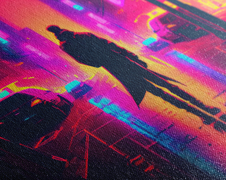 Cyberpunk bounty hunter art, vaporwave synthwave dystopian cityscape, framed canvas print