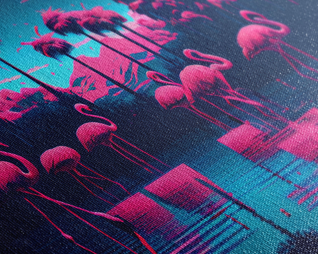 Reflections of Pink Flamingos, Vaporwave aesthetic style art, framed canvas print, framed wall art