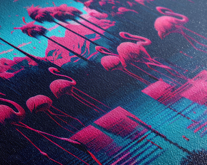 Reflections of Pink Flamingos, Vaporwave aesthetic style art, framed canvas print, framed wall art