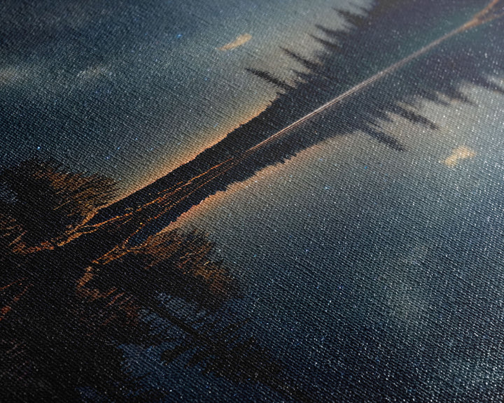 Reflections of a starry night sky over the lake, lakehouse art, beautiful framed canvas print