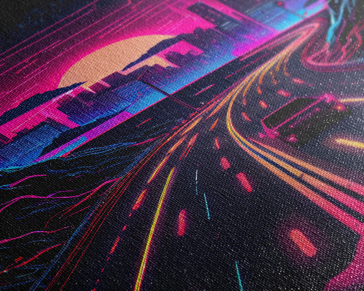 The Drive, Retrowave Outrun Style City Skyline Sunset, 80s Vibes, Framed Canvas Print