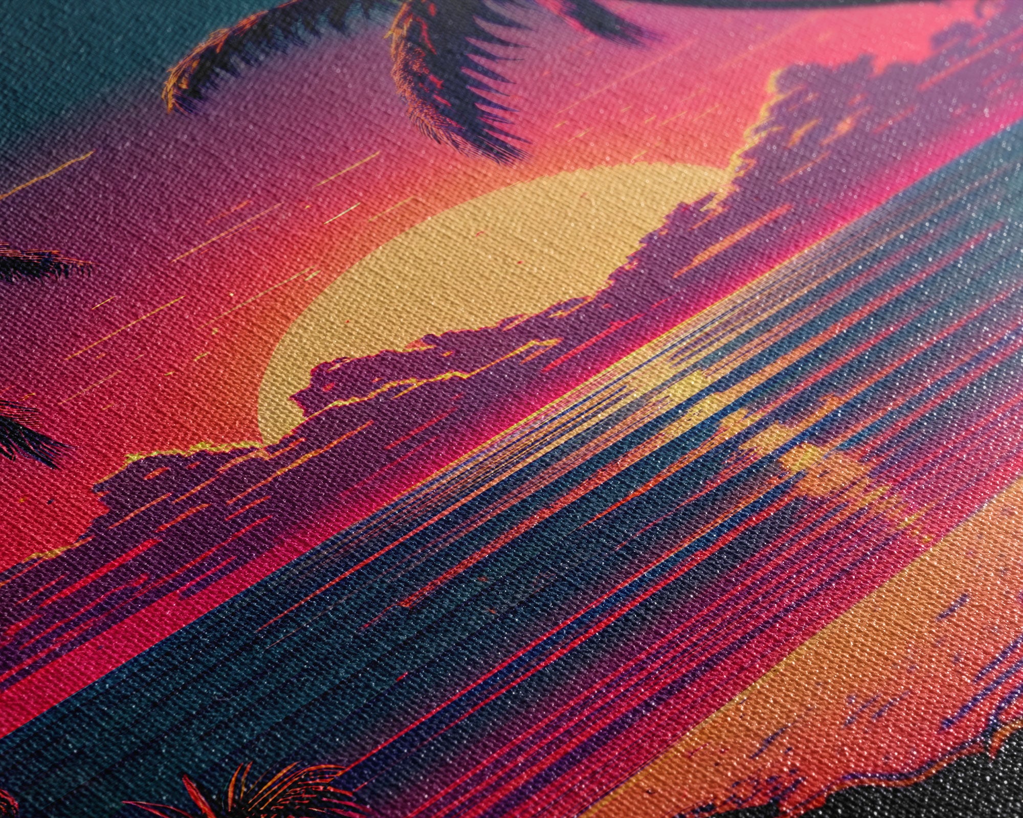 8 bit pixel art sunset, synthwave style palm tree beach, framed canvas print, framed wall art painting