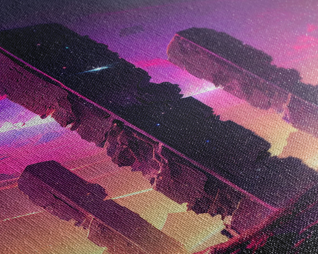 The Monoliths, Scifi art, retro synthwave style alien planet art, framed canvas print