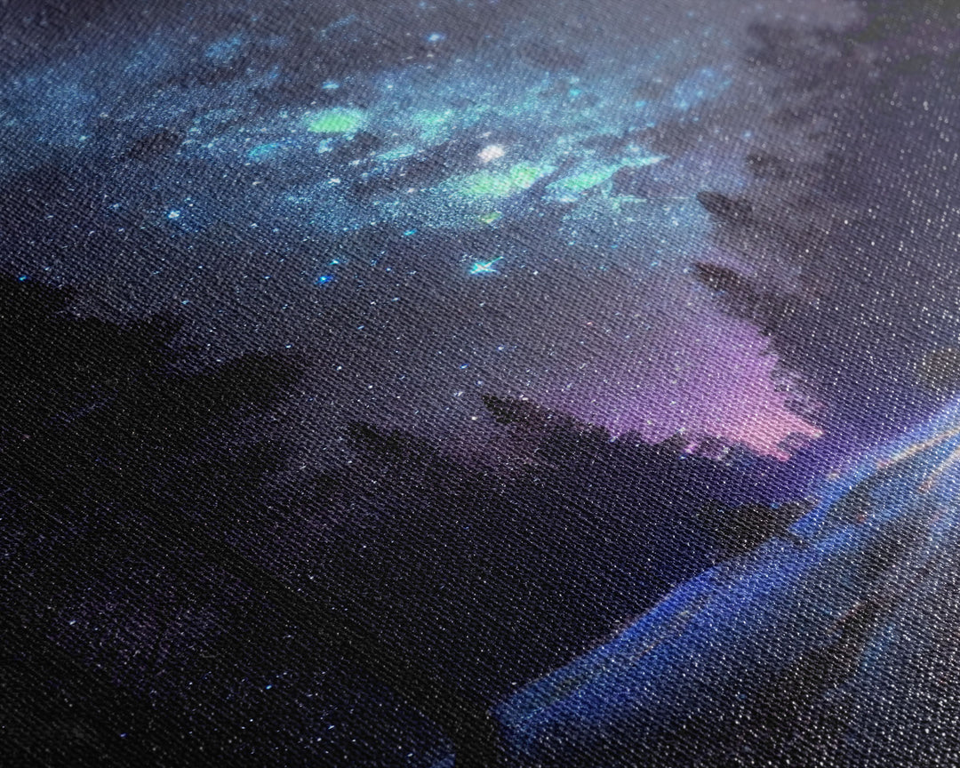 Starry Night Time Landscape, Milky Way Galaxy Art, Pine Tree Forest, Framed Canvas Print
