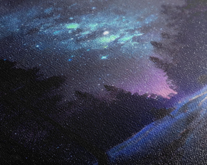 Starry Night Time Landscape, Milky Way Galaxy Art, Pine Tree Forest, Framed Canvas Print
