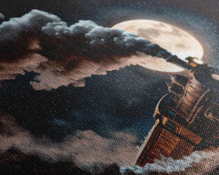 Steampunk Wild West Decor, Steam Train at Midnight, Framed Canvas Print