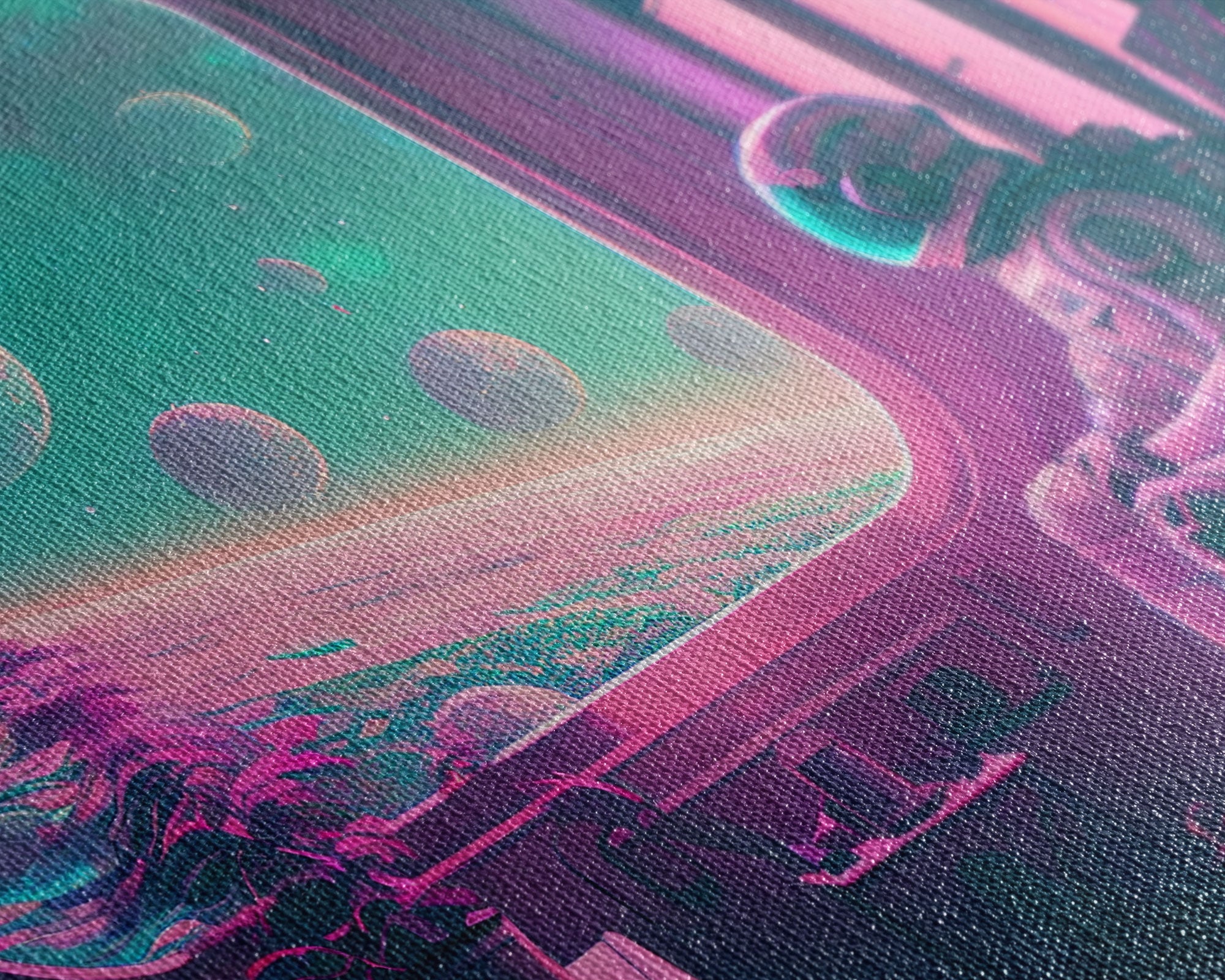 Vaporwave Aesthetic Scifi Art, In Transit, Astronaut riding the space train, framed canvas print