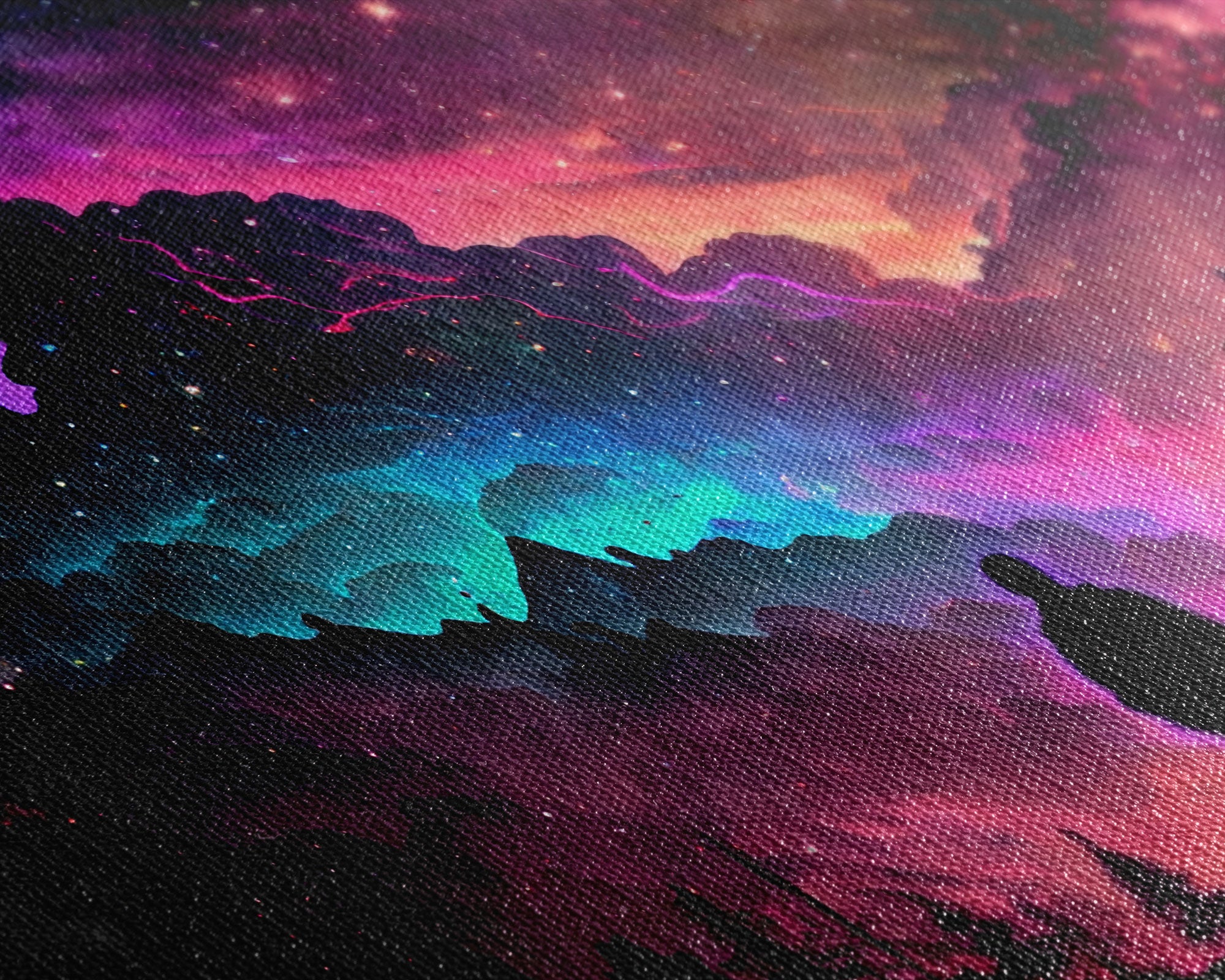 Contemplating the Universe, retro style space art, framed canvas print, synthwave space decor