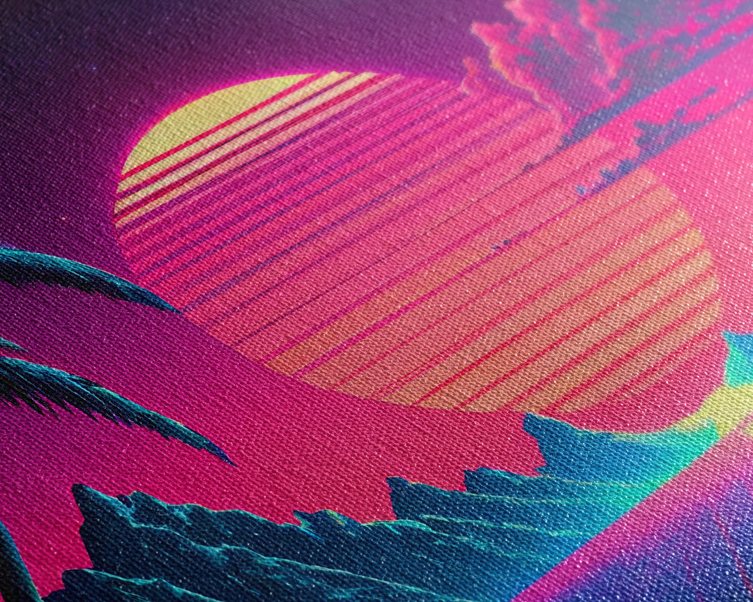 Retro Outrun Style Palm Trees and Sunset, Framed Canvas Print, Wireframe lake and mountain vista