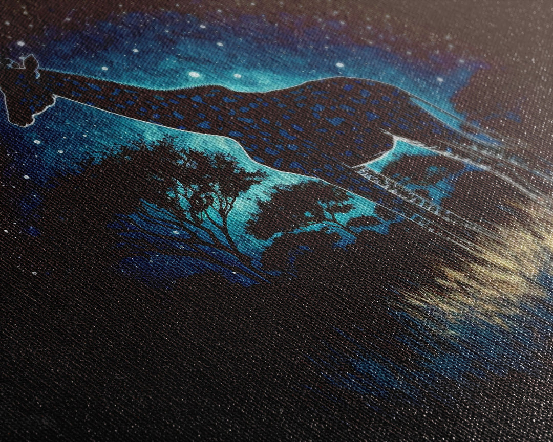 Starry Night over Africa, Giraffe Print, Framed Canvas Art, Galaxy Night Sky, Mancave decor