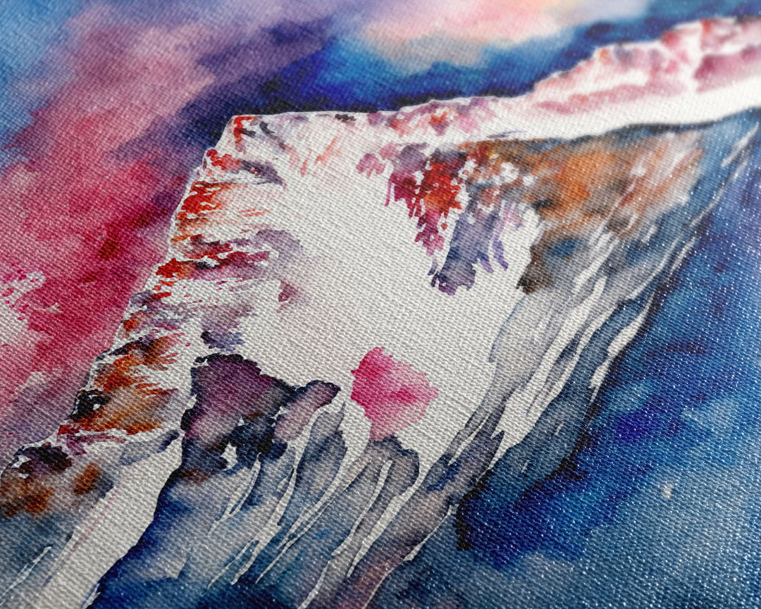 Red, White and Blue Mountain Landscape Watercolor, Framed Canvas Print, Colorful Unique Wall Art