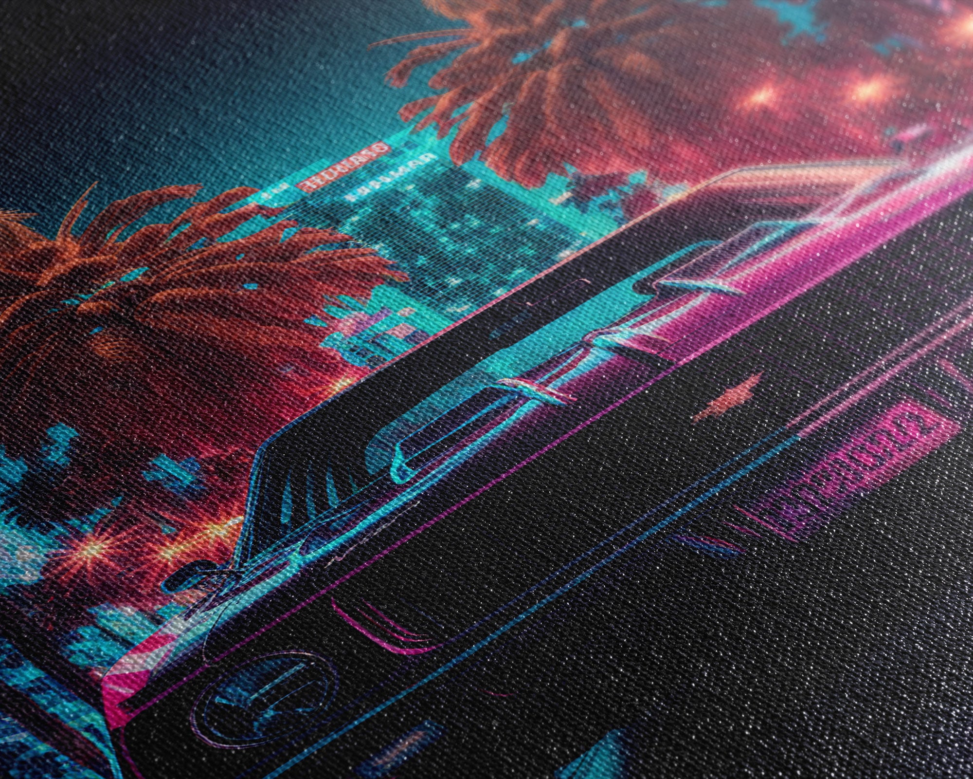 American Muscle Car on Sunset Strip, Retro Synthwave Art, Framed Canvas Print, Gift For Him, Muscle Car Art