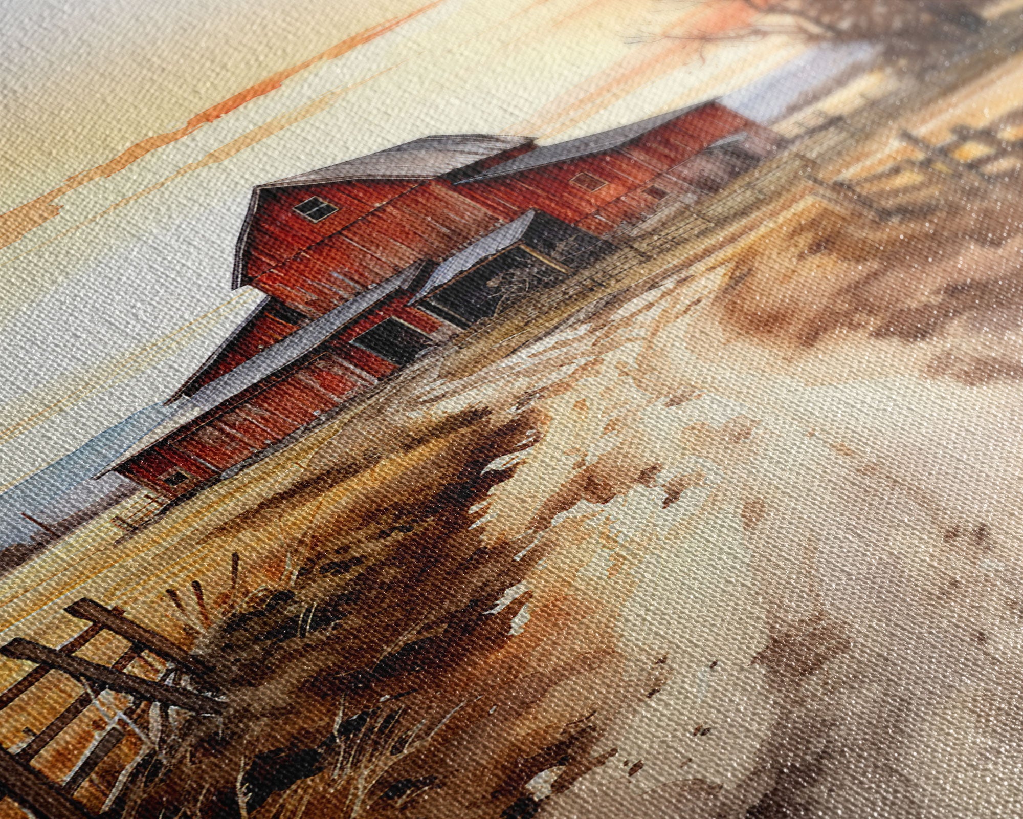 Sunset Over A Red Barn, Watercolor Painting Canvas Print, Country Poster Art,  Framed Canvas, Country Roads, Rustic Farmhouse Decor