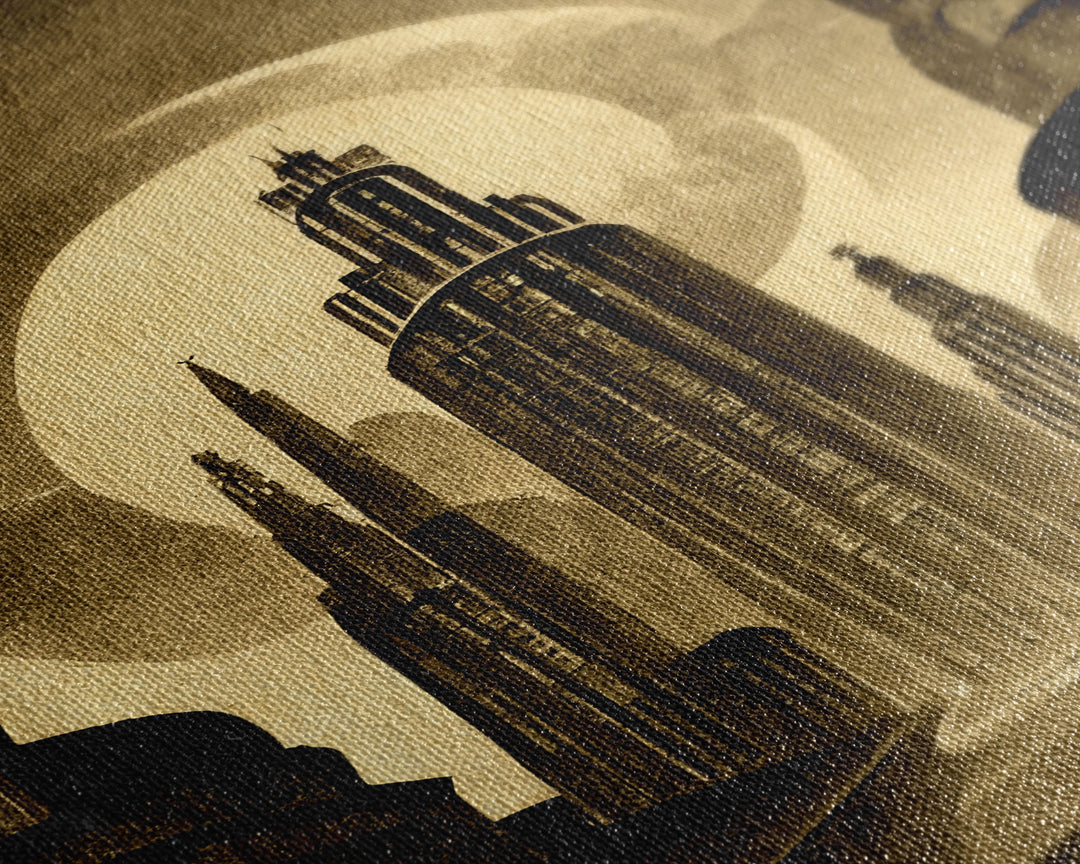 Dystopian Metropolis Art Deco Canvas Print, City Skyline, Fantasy Art, Art Deco Living Room Art, ready to hang wall art