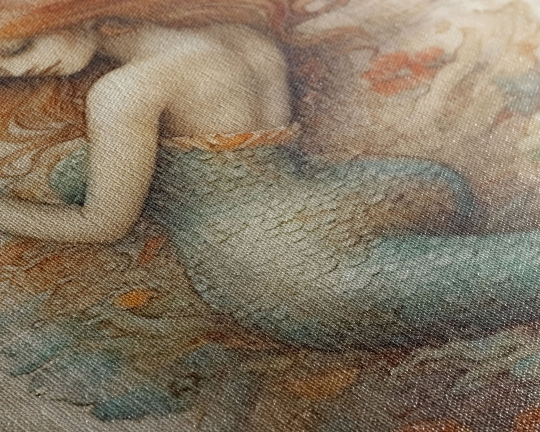 Fancy Mermaid Wall Art, 24" x 36" Canvas Print, French Style Poster Wall Art, Vintage Wall Hanging, Coastal Bathroom Decor
