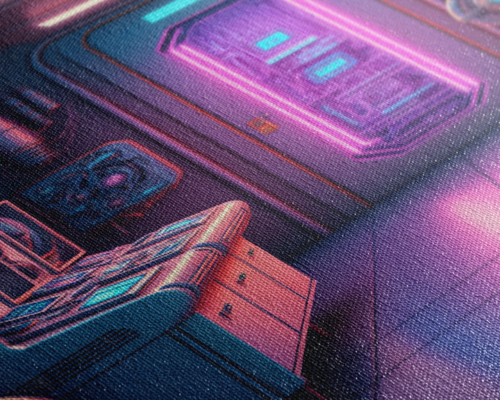 Vaporwave Futuristic Cyberpunk Space Ship Control Room, Framed Canvas Print, Scifi Art