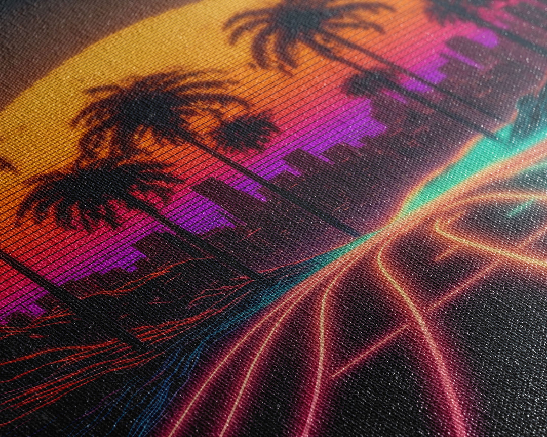 Neon Wireframe Road at Sunset, Outrun / Synthwave Palm Tree Art, 80s Retro Inspired Art, Framed Canvas Print