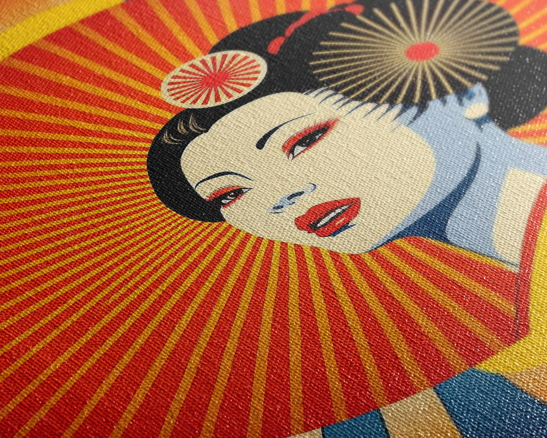 Portrait of a Geisha, Pop Art Style, Art Deco Sunburst, Framed Canvas Print