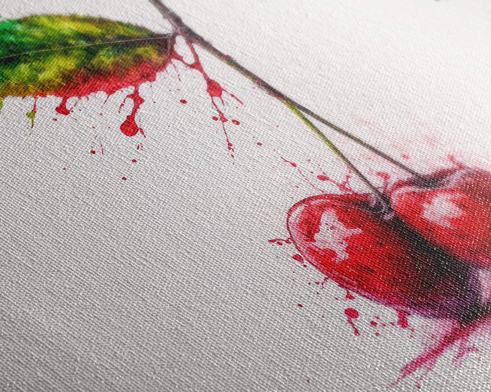 Watercolor Cherry, Still Life Paint Splatter Art, Framed Canvas Print, Fruit Art, Cherries with Stems Watercolor Painting
