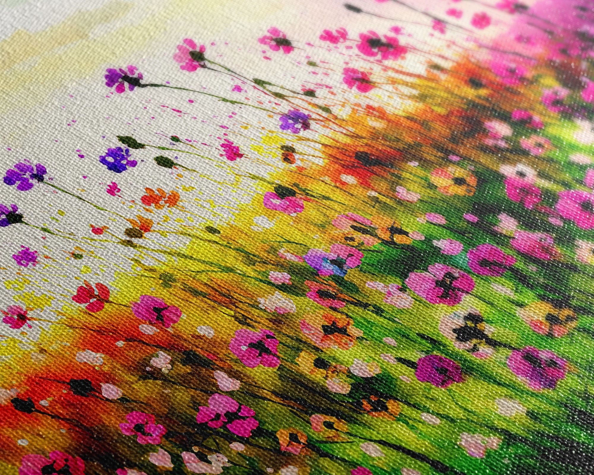 Field Of Rainbow Colored Wild Flowers, Watercolor, Framed Canvas Print, Original Art, Large Format Art, huge living room art