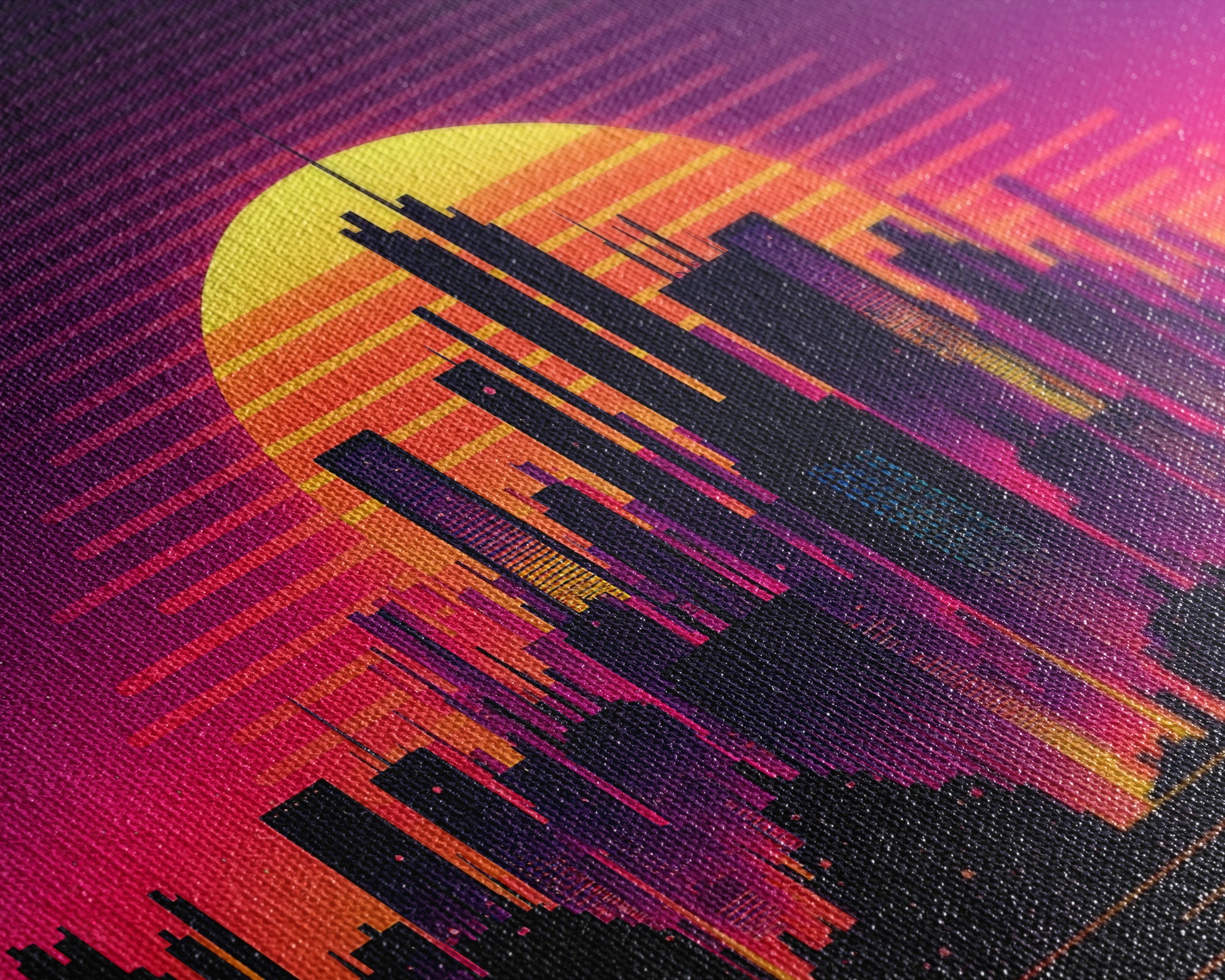 Outrun Style Futuristic Cyberpunk City Skyline at Sunset, Concept art, framed canvas print, dystopian art