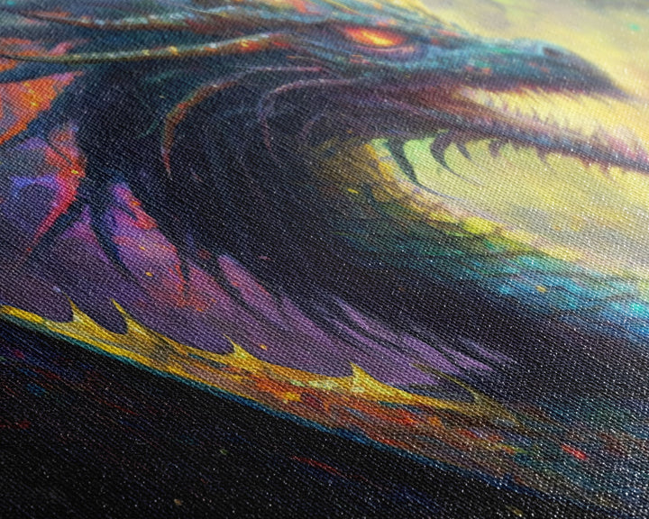 Psychedelic Fire Breathing Horned Dragon, Framed Canvas Print, Colorful Fantasy Wall Art, Videogame Concept Decor