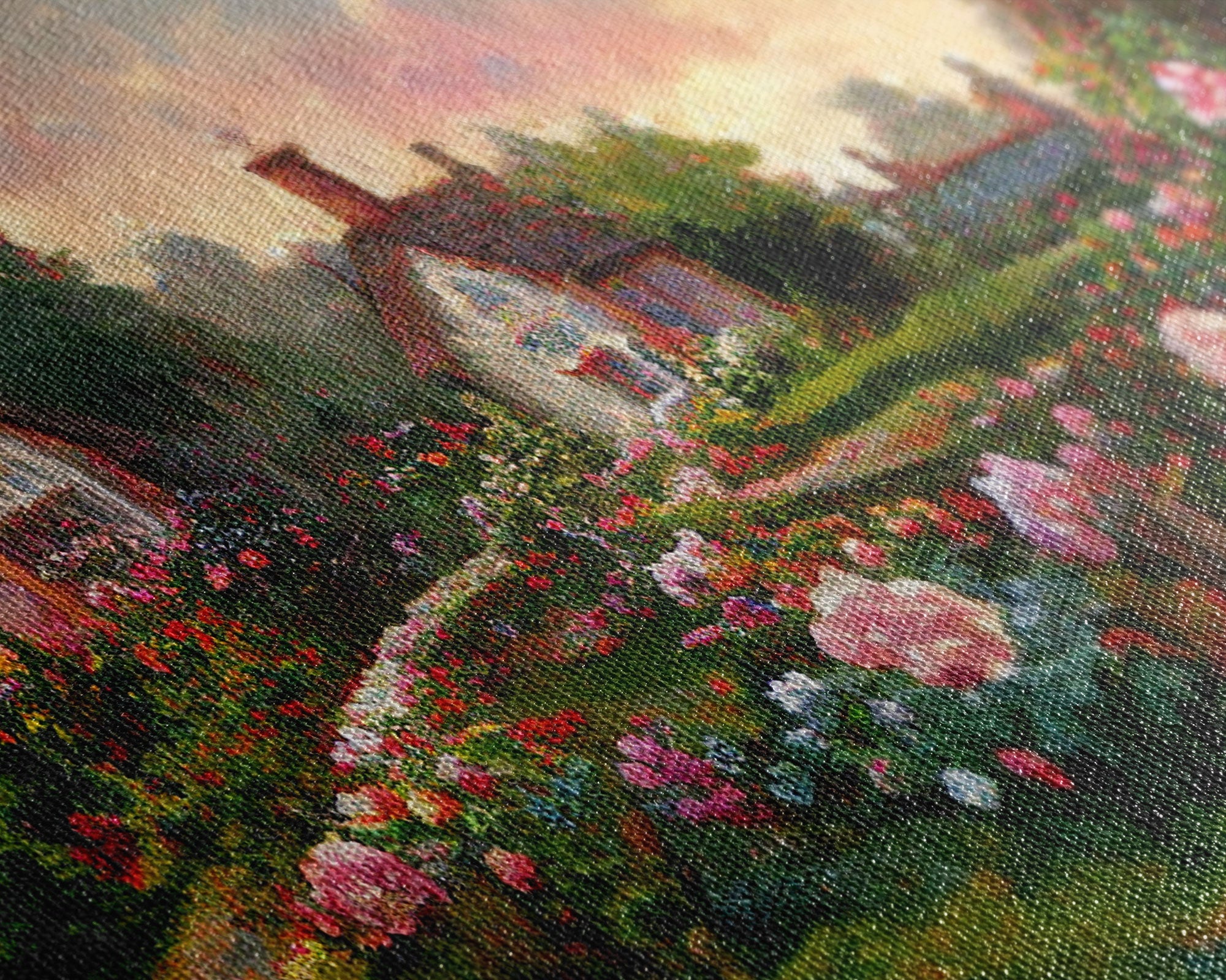 English cottage with rose garden, canvas print, cute English countryside wall art