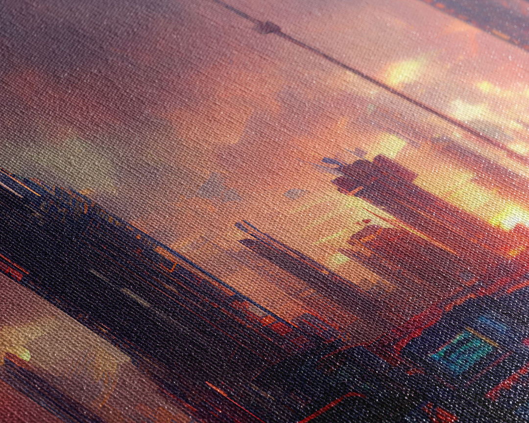 Watercolor of a cyberpunk city, canvas print, dystopian urban landscape at sunset, synthwave style