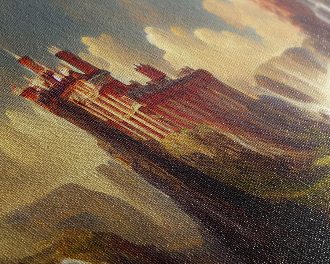 Fantasy wall art, canvas print, castle in the sky, castle atop mountains and waterfalls, watercolor