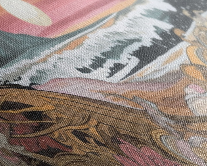 Japanese Style Seascape Canvas Art Print, Full Moon, Big Waves, Pink Flowers, Mountain, Wall Decor, Panoramic, Wall Art, Canvas Print