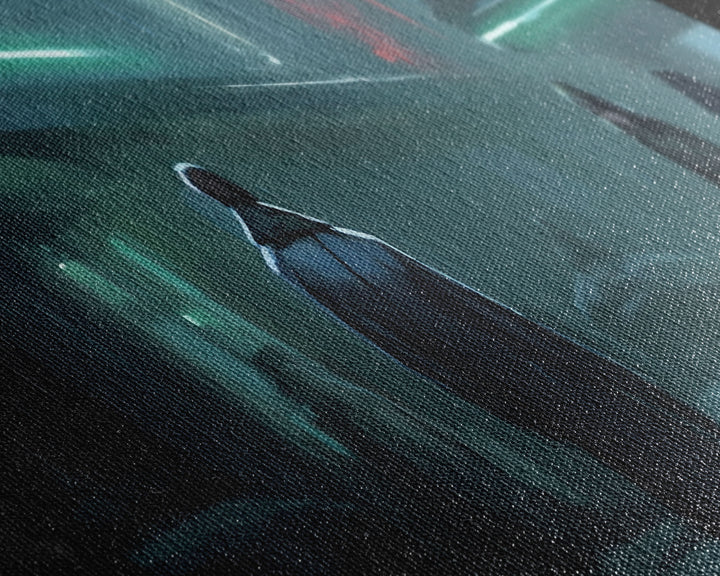 City Canvas Art Print, City Art, Dark Night Street Art, Urban Art, Neon Lights In City, Large Urban Art, Panoramic, Wall Art, Canvas Print