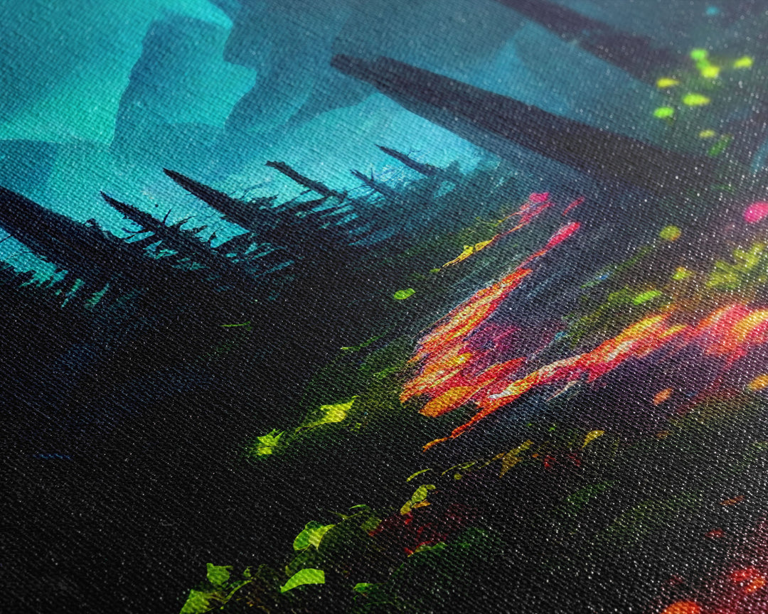 Luminescent magical forest poster art, fine art print, glowing trail though the trees, fantasy art, gloomy wall art, dark decor