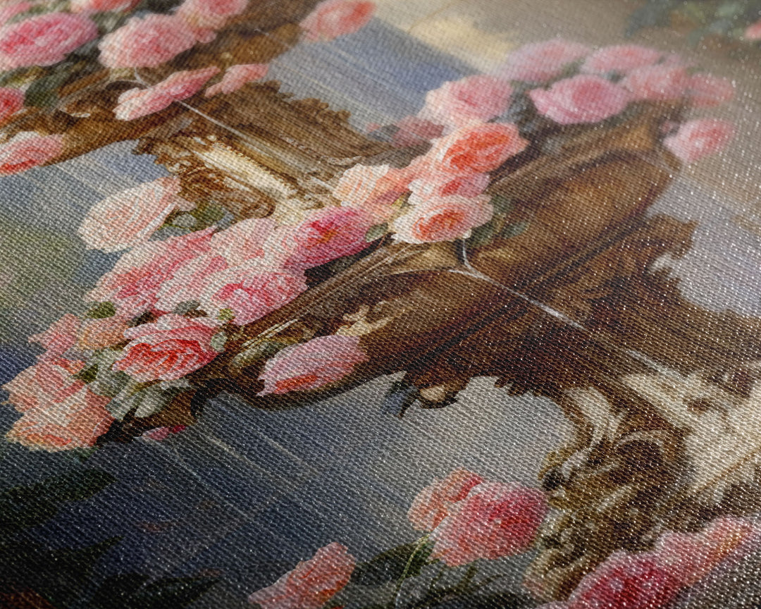 Fountain Wall Print, Pink Roses Wall Art, Flower Art Print, Canvas Print, Wall Art, Vertical Print, Botanical Art, Country Home Decor
