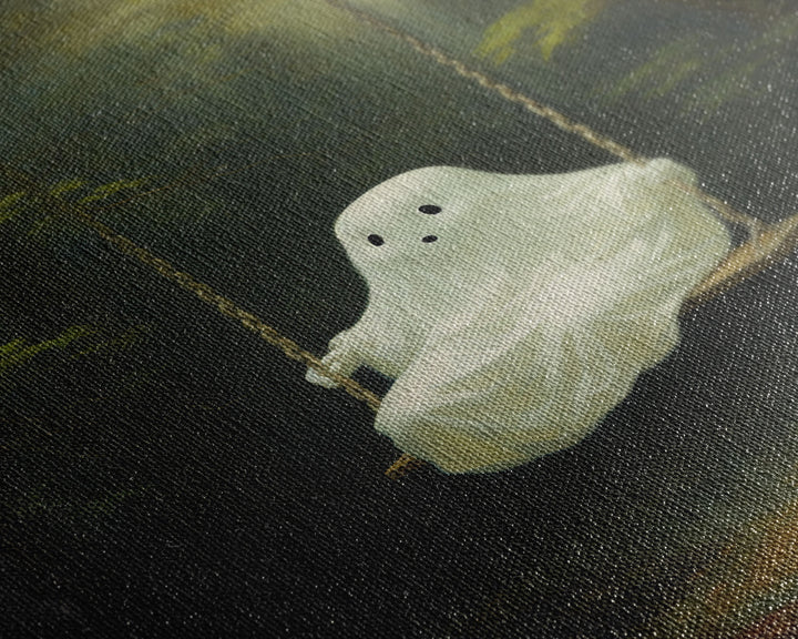 Cute Little Boo Playground Ghost, Funny Halloween, Vintage Halloween Canvas, Framed Canvas Print, Cute Wall Art, Ghost On A Swing, Macabre