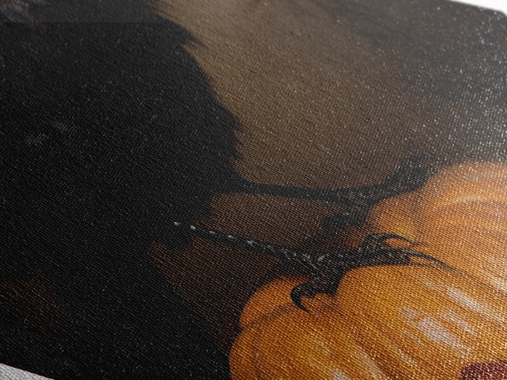 "Crow and Lantern" Gothic Halloween Crow on Pumpkin Canvas Embossed Print, Diamond Shaped Art for Dark Academia or Spooky Autumn Wall Decor