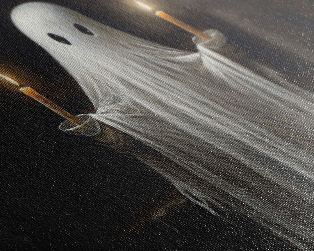 Cute Ghost Holding Candles, Framed Canvas Print, Dark Academia Wall Art, Victorian Oil Painting Style Halloween Wall Art, Ghost Print